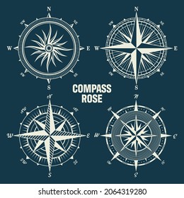 Vintage marine wind rose, nautical chart. Monochrome navigational compass with cardinal directions of North, East, South, West. Geographical position, cartography and navigation. Vector illustration.