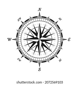 Vintage marine wind rose, nautical chart. Monochrome navigational compass with cardinal directions of North, East, South, West. Geographical position, cartography and navigation. Vector illustration.