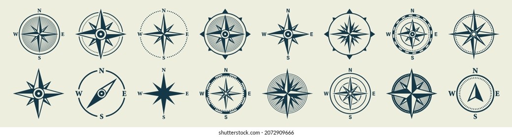 Se elevó el viento marino de época, carta náutica. brújula de navegación monocroma con direcciones cardinales de Norte, Este, Sur, Oeste. Posición geográfica, cartografía y navegación. Ilustración vectorial.