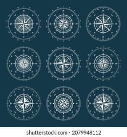 Vintage marine wind rose, nautical chart. Monochrome navigational compass with cardinal directions of North, East, South, West and degree markings. Geographical position, cartography and navigation.