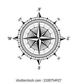 Vintage marine wind rose, nautical chart. Monochrome navigational compass with cardinal directions of North, East, South, West. Geographical position, cartography and navigation. Vector illustration.