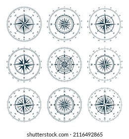 Vintage marine wind rose, nautical chart. Monochrome navigational compass with cardinal directions of North, East, South, West and degree markings. Geographical position, cartography and navigation.