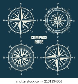 Vintage marine wind rose, nautical chart. Monochrome navigational compass with cardinal directions of North, East, South, West. Geographical position, cartography and navigation. Vector illustration.