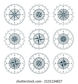Vintage marine wind rose, nautical chart. Monochrome navigational compass with cardinal directions of North, East, South, West and degree markings. Geographical position, cartography and navigation.