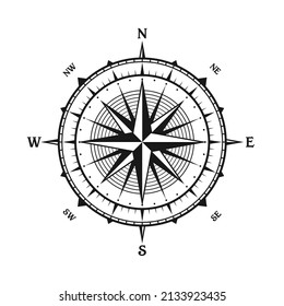 Vintage marine wind rose, nautical chart. Monochrome navigational compass with cardinal directions of North, East, South, West. Geographical position, cartography and navigation. Vector illustration.