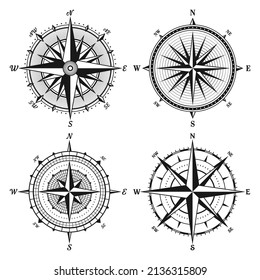 Vintage marine wind rose, nautical chart. Monochrome navigational compass with cardinal directions of North, East, South, West. Geographical position, cartography and navigation. Vector illustration.