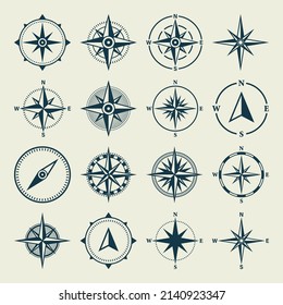 Vintage marine wind rose, nautical chart. Monochrome navigational compass with cardinal directions of North, East, South, West. Geographical position, cartography and navigation. Vector illustration.
