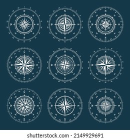 Vintage marine wind rose, nautical chart. Monochrome navigational compass with cardinal directions of North, East, South, West and degree markings. Geographical position, cartography and navigation.