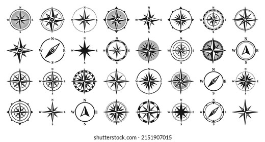 Vintage marine wind rose, nautical chart. Monochrome navigational compass with cardinal directions of North, East, South, West. Geographical position, cartography and navigation. Vector illustration.