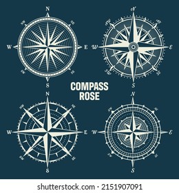 Vintage marine wind rose, nautical chart. Monochrome navigational compass with cardinal directions of North, East, South, West. Geographical position, cartography and navigation. Vector illustration.