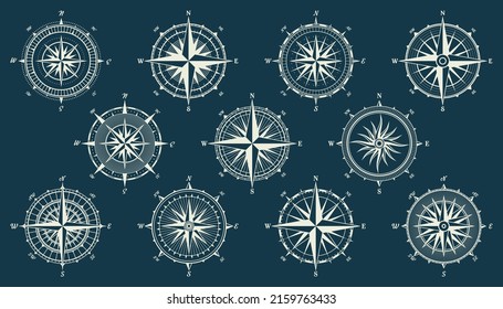 Vintage marine wind rose, nautical chart. Monochrome navigational compass with cardinal directions of North, East, South, West. Geographical position, cartography and navigation. Vector illustration.
