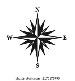 Vintage marine wind rose, nautical chart. Monochrome navigational compass with cardinal directions of North, East, South, West. Geographical position, cartography and navigation. Vector illustration.