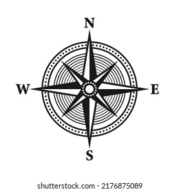 Vintage marine wind rose, nautical chart. Monochrome navigational compass with cardinal directions of North, East, South, West. Geographical position, cartography and navigation. Vector illustration.