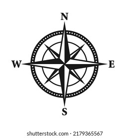 Vintage marine wind rose, nautical chart. Monochrome navigational compass with cardinal directions of North, East, South, West. Geographical position, cartography and navigation. Vector illustration.