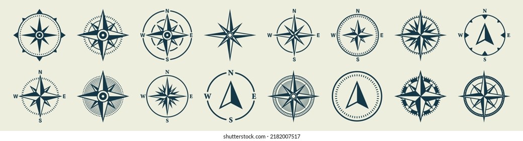 Vintage marine wind rose, nautical chart. Monochrome navigational compass with cardinal directions of North, East, South, West. Geographical position, cartography and navigation. Vector illustration.