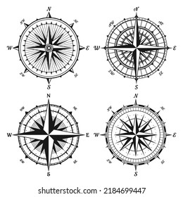 Vintage marine wind rose, nautical chart. Monochrome navigational compass with cardinal directions of North, East, South, West. Geographical position, cartography and navigation. Vector illustration