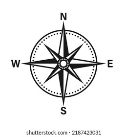 Vintage marine wind rose, nautical chart. Monochrome navigational compass with cardinal directions of North, East, South, West. Geographical position, cartography and navigation. Vector illustration