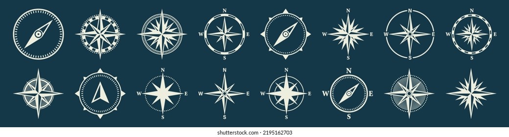 Vintage marine wind rose, nautical chart. Monochrome navigational compass with cardinal directions of North, East, South, West. Geographical position, cartography and navigation. Vector illustration