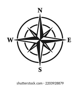 Vintage marine wind rose, nautical chart. Monochrome navigational compass with cardinal directions of North, East, South, West. Geographical position, cartography and navigation. Vector illustration.