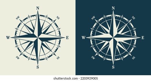 Vintage marinen Wind stieg, nautische Karte. Monochrome Navigationskompass mit Kardinalrichtungen in Nord, Ost, Süd, West. Geografische Position, Kartographie und Navigation. Vektorgrafik.