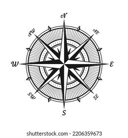 Vintage marine wind rose, nautical chart. Monochrome navigational compass with cardinal directions of North, East, South, West. Geographical position, cartography and navigation. Vector illustration.