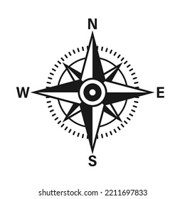Vintage marine wind rose, nautical chart. Monochrome navigational compass with cardinal directions of North, East, South, West. Geographical position, cartography and navigation. Vector illustration.