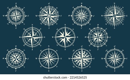 Vintage marine wind rose, nautical chart. Monochrome navigational compass with cardinal directions of North, East, South, West. Geographical position, cartography and navigation. Vector illustration.
