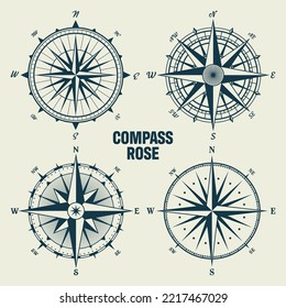 Vintage marine wind rose, nautical chart. Monochrome navigational compass with cardinal directions of North, East, South, West. Geographical position, cartography and navigation. Vector illustration.