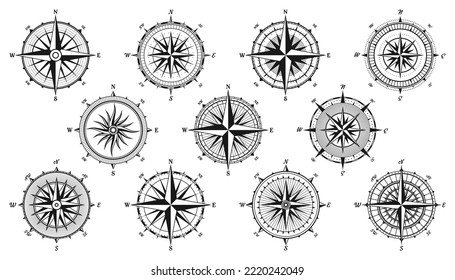 Vintage marine wind rose, nautical chart. Monochrome navigational compass with cardinal directions of North, East, South, West. Geographical position, cartography and navigation. Vector illustration.