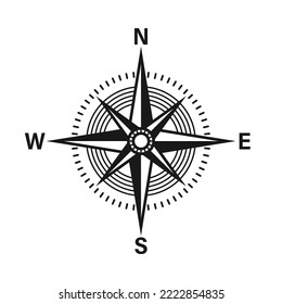 Vintage marine wind rose, nautical chart. Monochrome navigational compass with cardinal directions of North, East, South, West. Geographical position, cartography and navigation. Vector illustration.
