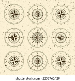 Vintage marine wind rose, nautical chart. Monochrome navigational compass with cardinal directions of North, East, South, West and degree markings. Geographical position, cartography and navigation.