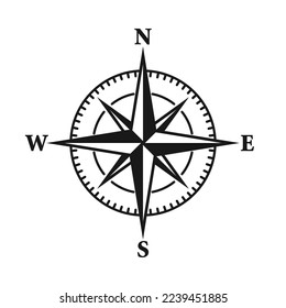 Vintage marine wind rose, nautical chart. Monochrome navigational compass with cardinal directions of North, East, South, West. Geographical position, cartography and navigation. Vector illustration.