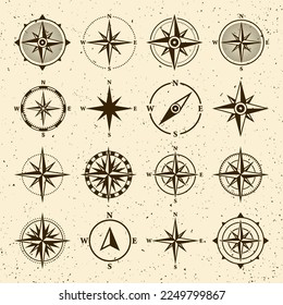 Vintage marine wind rose, nautical chart. Monochrome navigational compass with cardinal directions of North, East, South, West. Geographical position, cartography and navigation. Vector illustration.