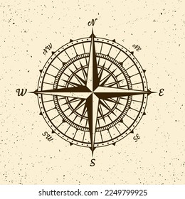 Vintage marine wind rose, nautical chart. Monochrome navigational compass with cardinal directions of North, East, South, West. Geographical position, cartography and navigation. Vector illustration.