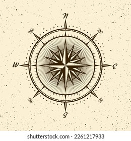 Vintage marine wind rose, nautical chart. Monochrome navigational compass with cardinal directions of North, East, South, West. Geographical position, cartography and navigation. Vector illustration.