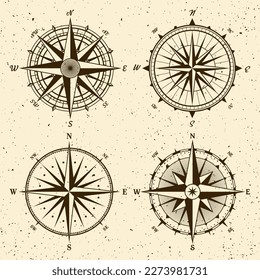 Vintage marine wind rose, nautical chart. Monochrome navigational compass with cardinal directions of North, East, South, West. Geographical position, cartography and navigation. Vector illustration.