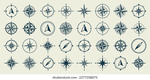Vintage marine wind rose, nautical chart. Monochrome navigational compass with cardinal directions of North, East, South, West. Geographical position, cartography and navigation. Vector illustration.