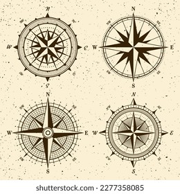 Vintage marine wind rose, nautical chart. Monochrome navigational compass with cardinal directions of North, East, South, West. Geographical position, cartography and navigation. Vector illustration.