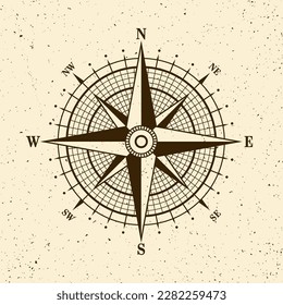 Vintage marine wind rose, nautical chart. Monochrome navigational compass with cardinal directions of North, East, South, West. Geographical position, cartography and navigation. Vector illustration.