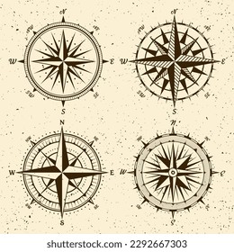 Vintage marine wind rose, nautical chart. Monochrome navigational compass with cardinal directions of North, East, South, West. Geographical position, cartography and navigation. Vector illustration.