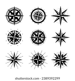 Vintage marine wind rose, nautical chart. Monochrome navigational compass with cardinal directions of North, East, South, West. Geographical position, cartography and navigation. Vector