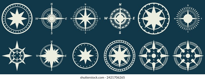 Vintage marine wind rose, nautical chart. Monochrome navigational compass with cardinal directions of North, East, South, West. Geographical position, cartography and navigation. Vector illustration.