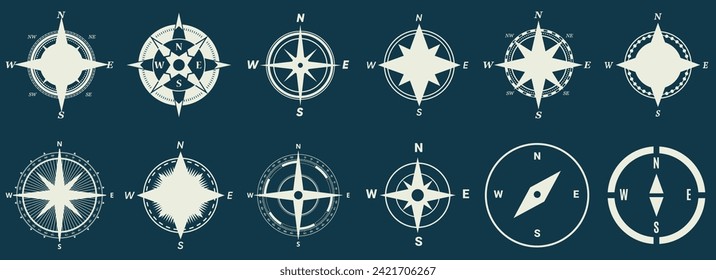 Vintage marine wind rose, nautical chart. Monochrome navigational compass with cardinal directions of North, East, South, West. Geographical position, cartography and navigation. Vector illustration.