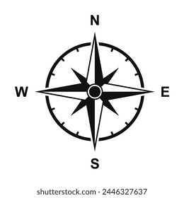 Vintage marine wind rose, nautical chart. Monochrome navigational compass with cardinal directions of North, East, South, West.