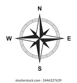 Vintage marine wind rose, nautical chart. Monochrome navigational compass with cardinal directions of North, East, South, West.