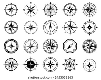 Vintage marine wind rose, nautical chart. Compass icons set. Compass rose sign. Compasses for travel map. Navigation arrow symbols.