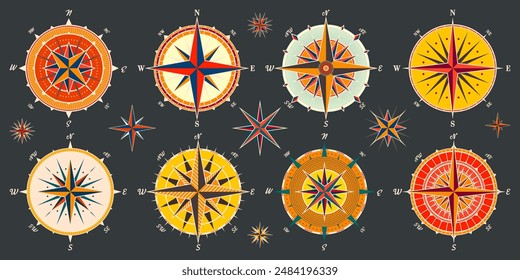 Antiguas marine wind rose, carta náutica. Colorida brújula de navegación con direcciones cardinales de Norte, Este, Sur, Oeste. Posición geográfica, cartografía y navegación. Ilustración vectorial