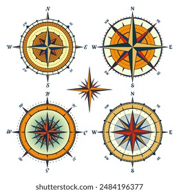 Vintage marine wind rose, nautical chart. Colorful navigational compass with cardinal directions of North, East, South, West. Geographical position, cartography and navigation. Vector illustration