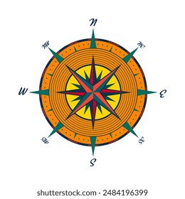 Vintage marine wind rose, nautical chart. Colorful navigational compass with cardinal directions of North, East, South, West. Geographical position, cartography and navigation. Vector illustration
