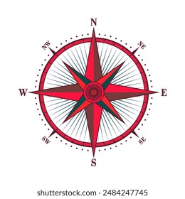 Antiguas marine wind rose, carta náutica. Colorida brújula de navegación con direcciones cardinales de Norte, Este, Sur, Oeste. Posición geográfica, cartografía y navegación. Ilustración vectorial